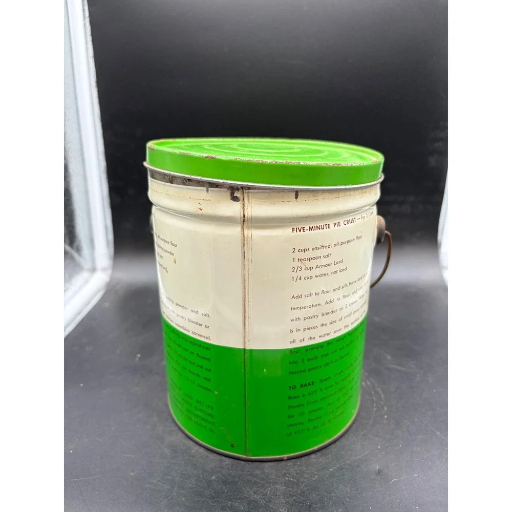 Vintage Armour Pure Lard 4 lb Tin Bucket with Lid Recipes Green White Red Star